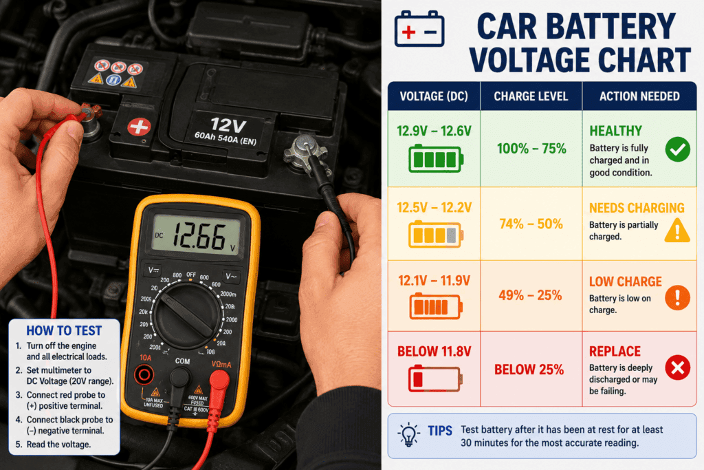 Car battery voltage chart showing battery charge level, condition, and recommended action from 12.9V to below 11.8V using green, yellow, and red color-coded zones.