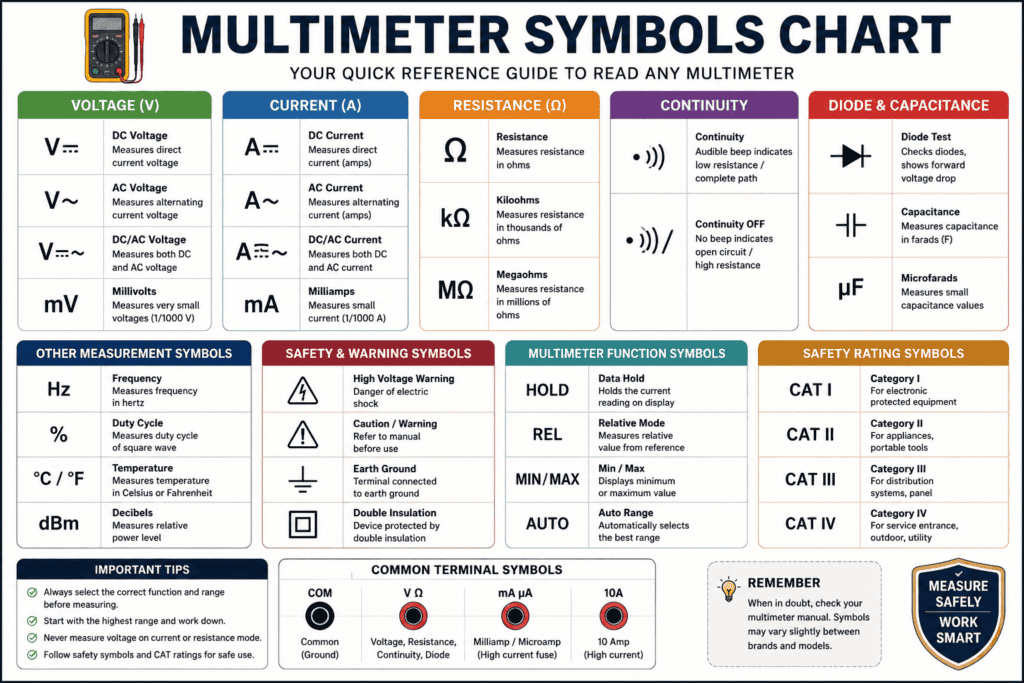 Complete multimeter symbols chart showing voltage, current, resistance, continuity, diode, capacitance, frequency, temperature, and CAT safety rating symbols in a printable quick reference guide.