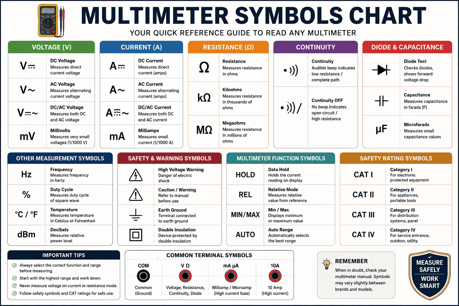 Complete multimeter symbols chart showing voltage, current, resistance, continuity, diode, capacitance, frequency, temperature, and CAT safety rating symbols in a printable quick reference guide.