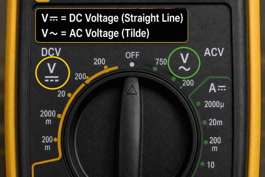 Close-up of a digital multimeter dial highlighting the AC voltage (V~) and DC voltage (V⎓) symbols for selecting the correct voltage measurement mode.