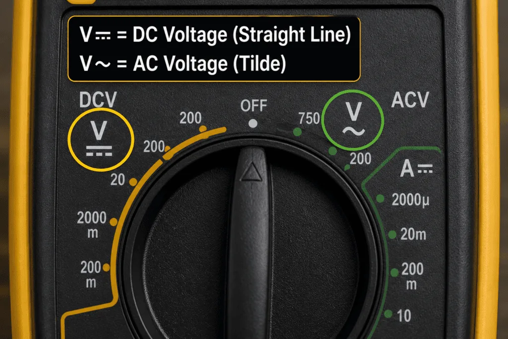 Close-up of a digital multimeter dial highlighting the AC voltage (V~) and DC voltage (V⎓) symbols for selecting the correct voltage measurement mode.