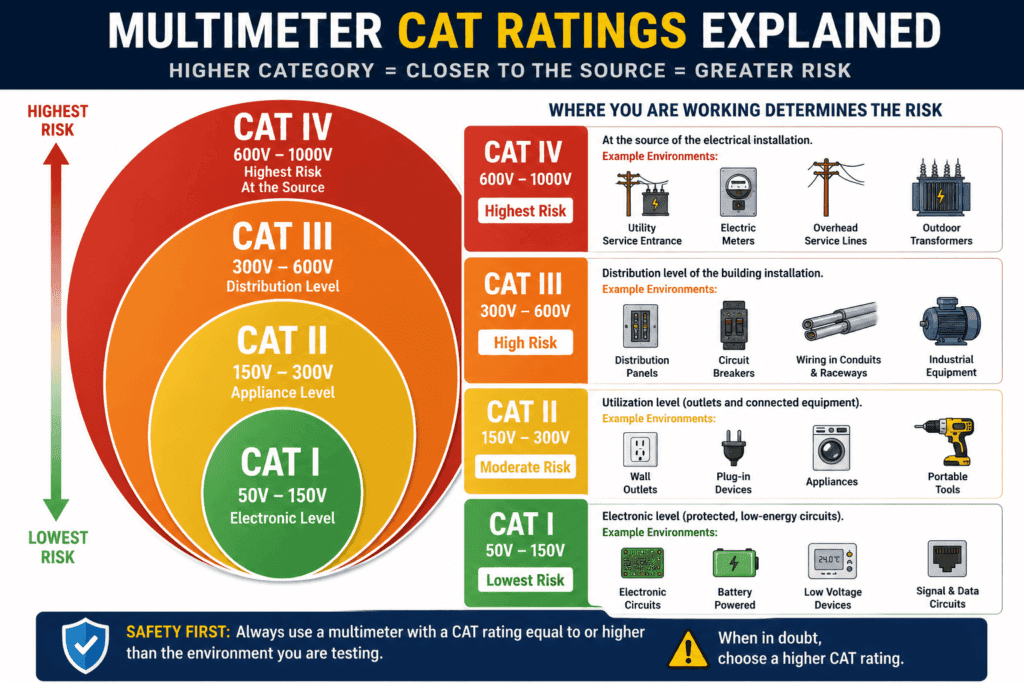 Multimeter CAT rating chart showing CAT I, CAT II, CAT III, and CAT IV safety categories with example testing environments and increasing electrical hazard levels.
