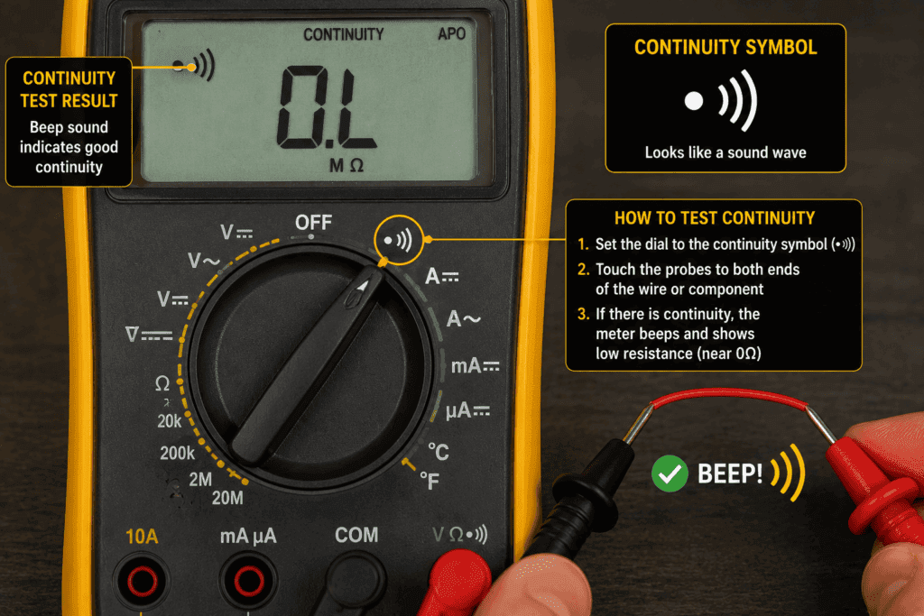 Digital multimeter dial set to the continuity symbol while testing a wire, with the display indicating a successful continuity test and audible beep.