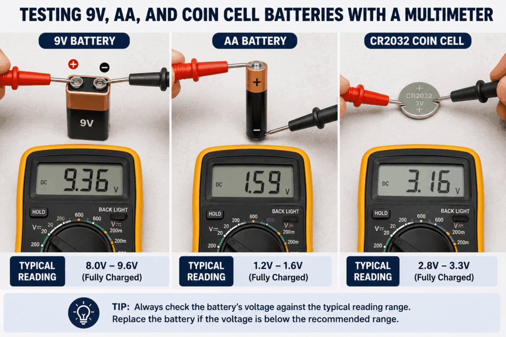 Testing 9V, AA, and CR2032 coin cell batteries with a digital multimeter, showing the correct red and black probe placement for accurate voltage measurement.