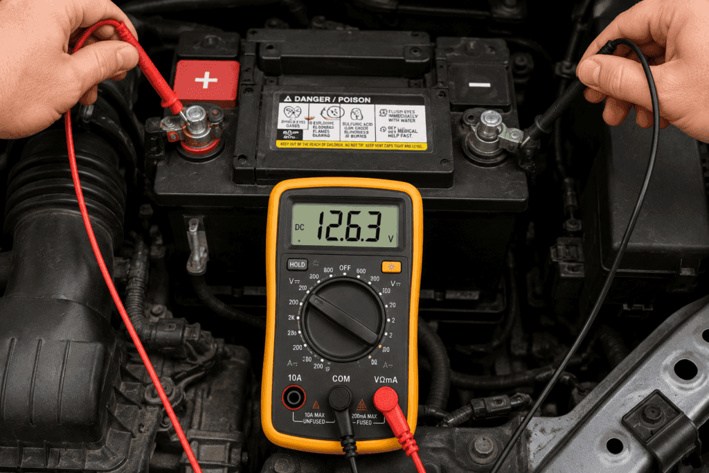 Testing car battery voltage with a digital multimeter, showing the red probe on the positive terminal and the black probe on the negative terminal for an accurate 12V battery voltage check.