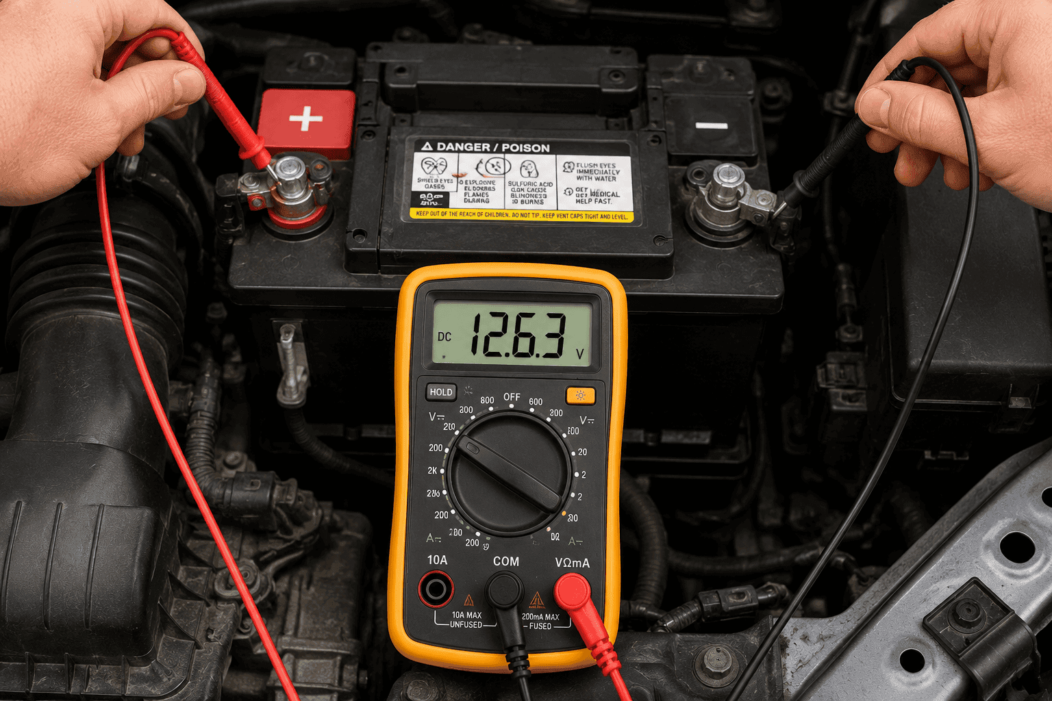 Testing car battery voltage with a digital multimeter, showing the red probe on the positive terminal and the black probe on the negative terminal for an accurate 12V battery voltage check.