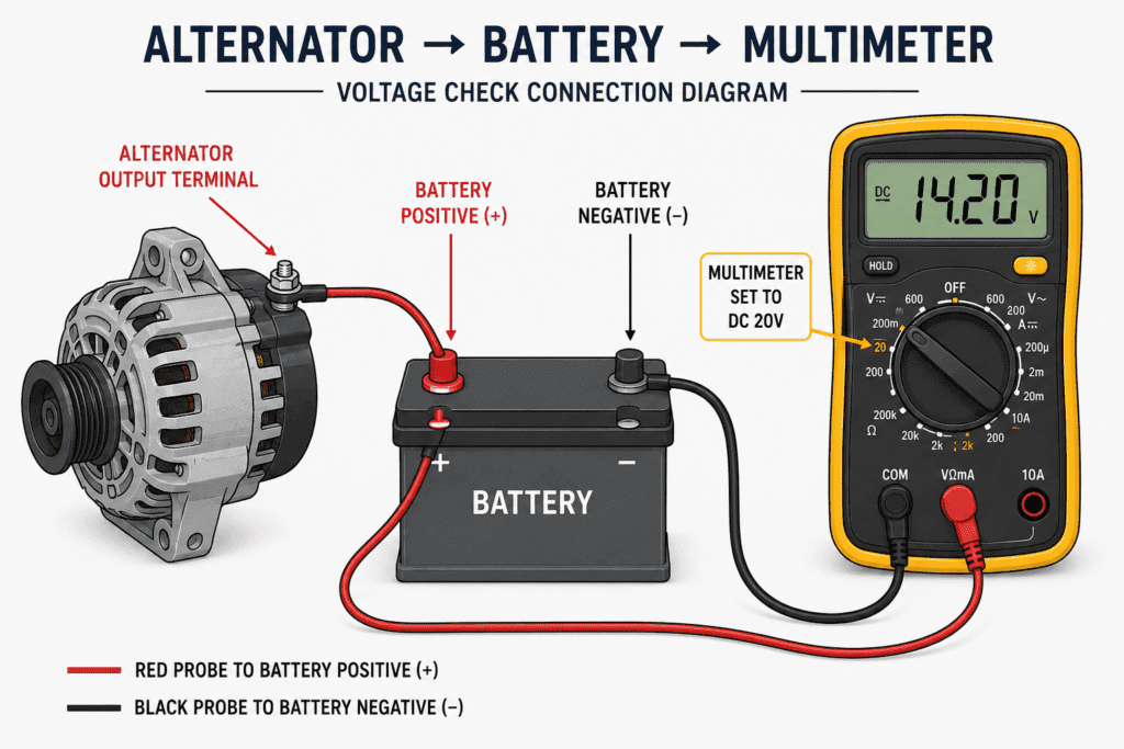 Alternator to battery wiring diagram showing multimeter probe connections for testing charging system voltage.