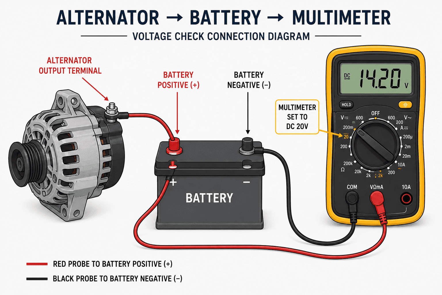 Alternator to battery wiring diagram showing multimeter probe connections for testing charging system voltage.