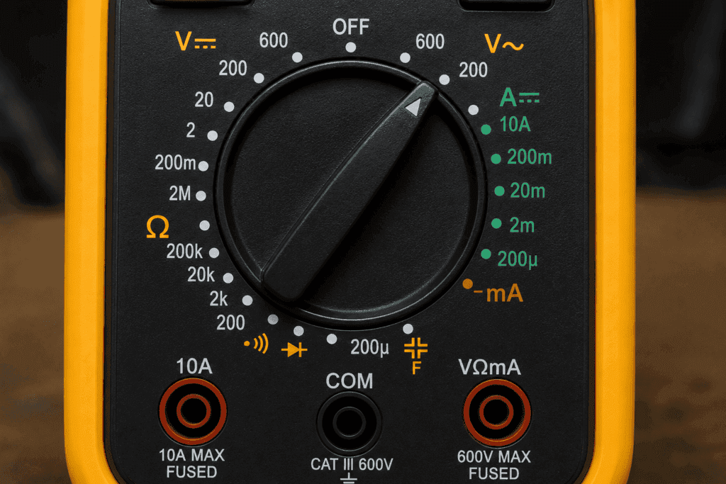 Close-up of a digital multimeter dial showing AC voltage, DC voltage, current, resistance, continuity, diode, and capacitance symbols for electrical testing.
