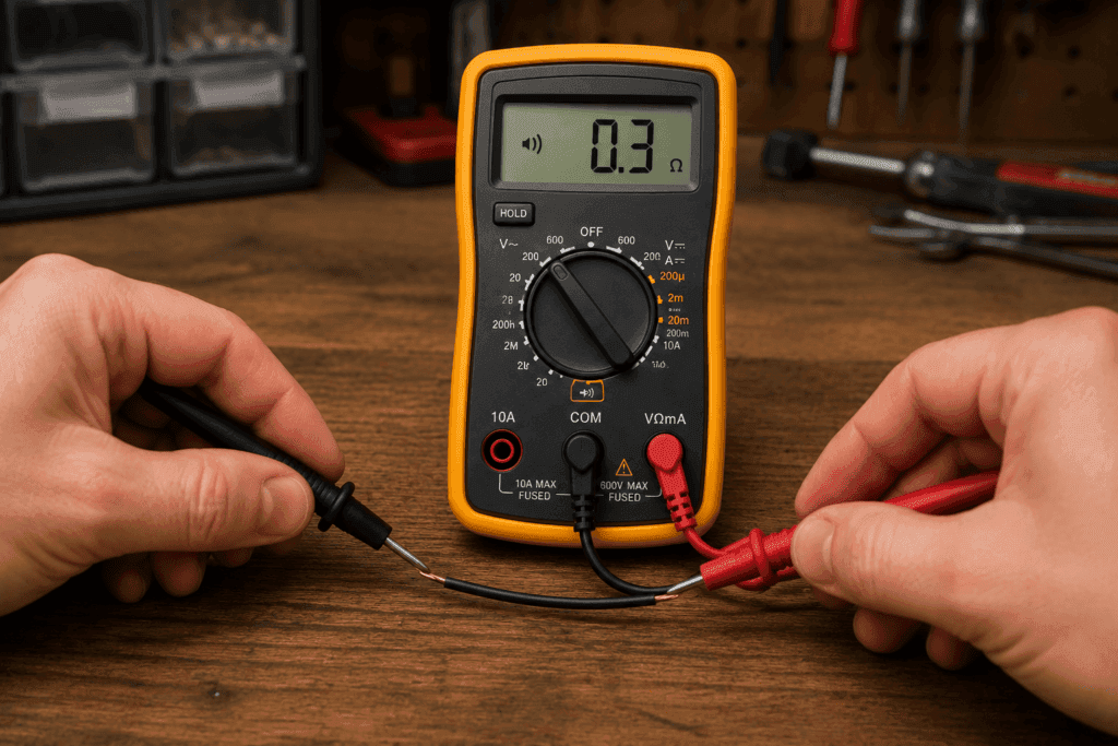 Digital multimeter probes touching a wire during a continuity test with the display indicating a successful continuity beep.