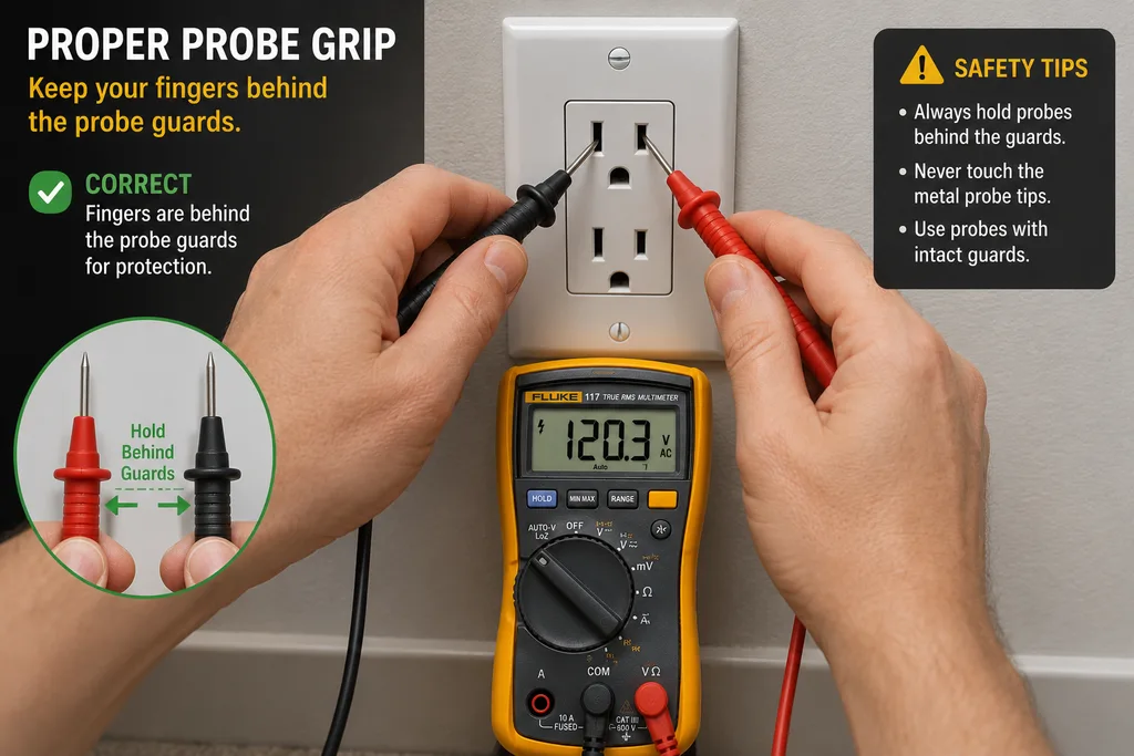 Correct way to hold multimeter probes with fingers behind probe guards during a live voltage test