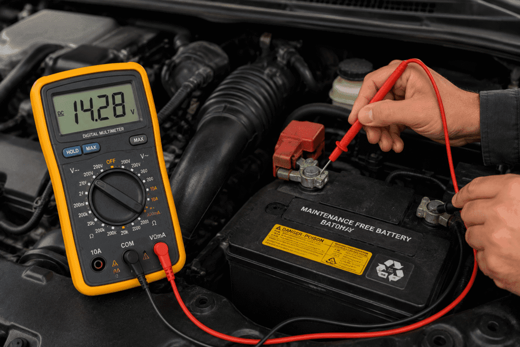 Testing alternator output voltage with a digital multimeter while the engine is running.