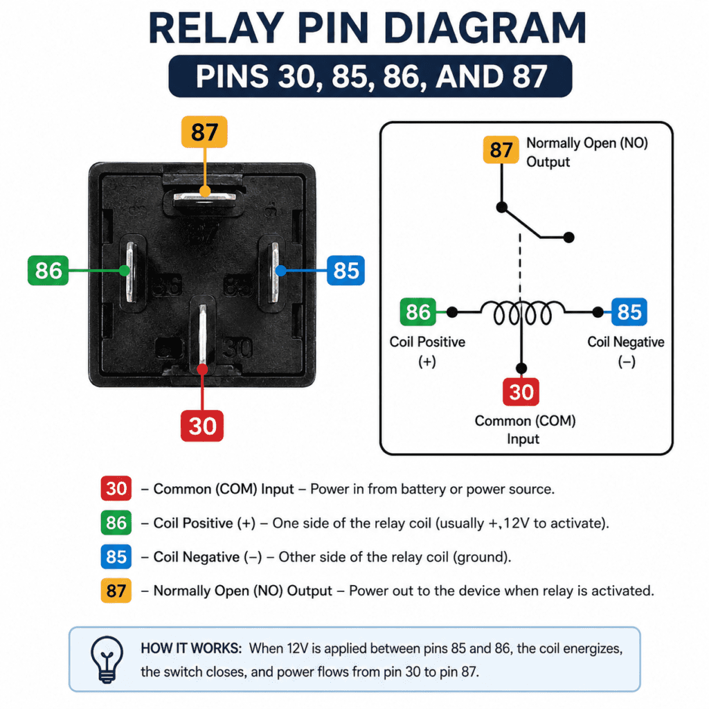 Relay pin diagram showing pins 30, 85, 86, and 87 for multimeter testing.
