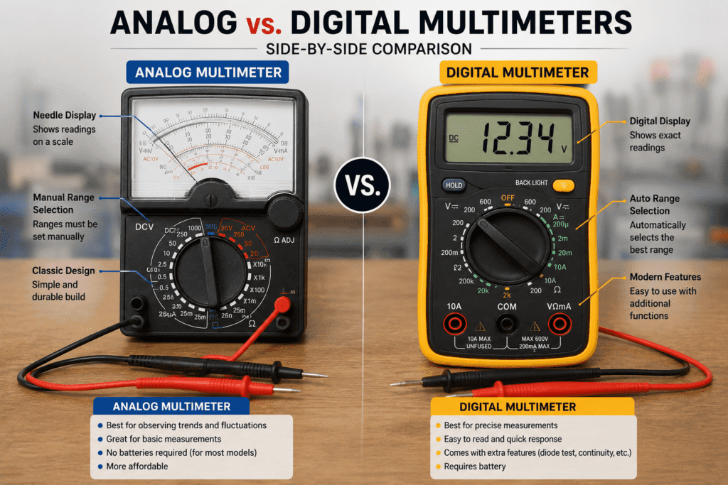 Side-by-side comparison of an analog multimeter and a digital multimeter showing their displays, controls, and measurement features.
