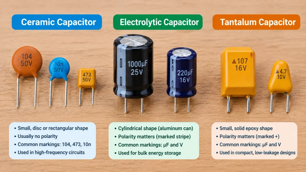 Ceramic electrolytic and tantalum capacitors compared side by side