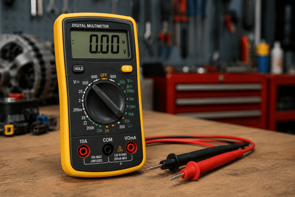A digital multimeter used for measuring voltage, current, and resistance on an automotive workbench.