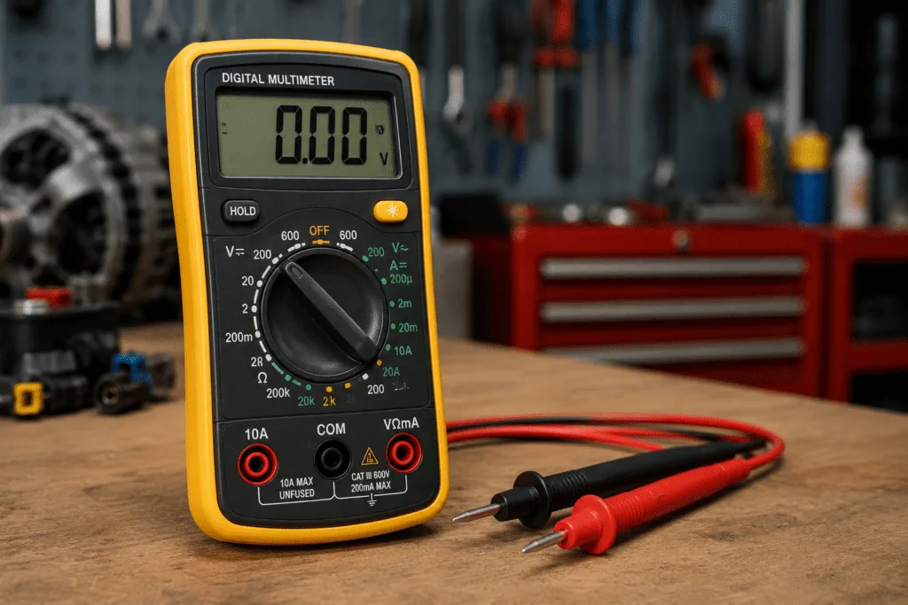 A digital multimeter used for measuring voltage, current, and resistance on an automotive workbench.