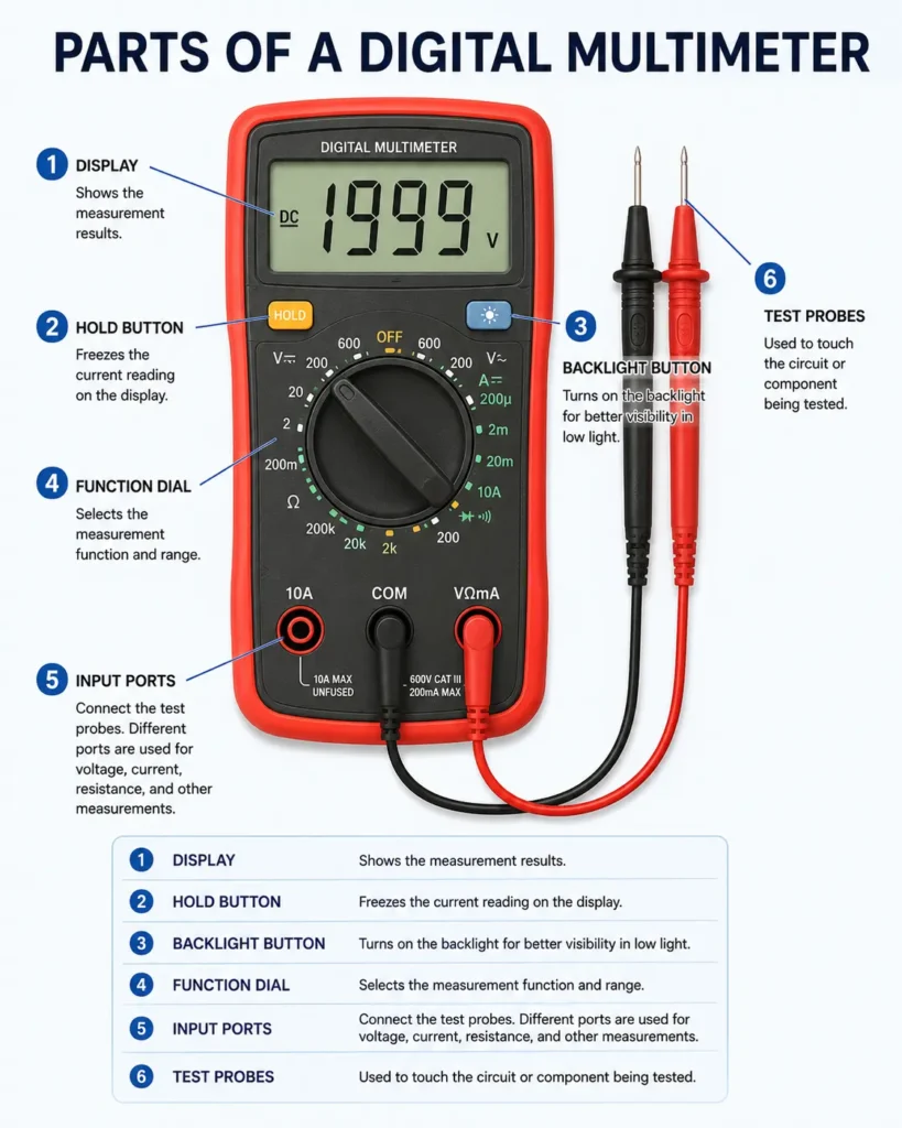 Labeled diagram of a digital multimeter showing the display, function dial, input ports, and test probes.