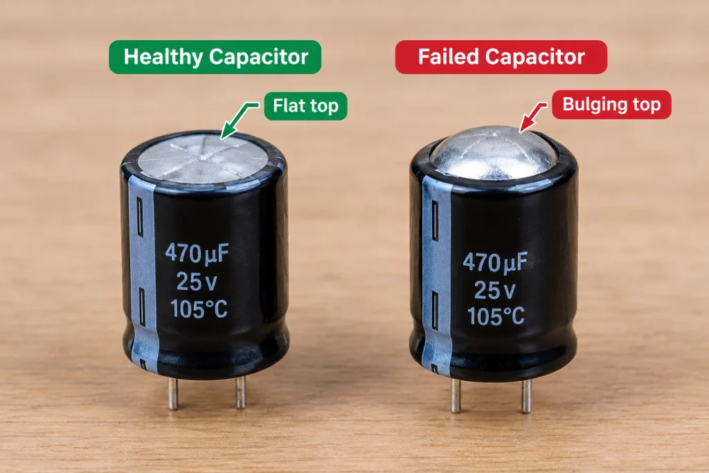 Comparison of healthy flat-top capacitor and bulging failed capacitor showing a common failure sign