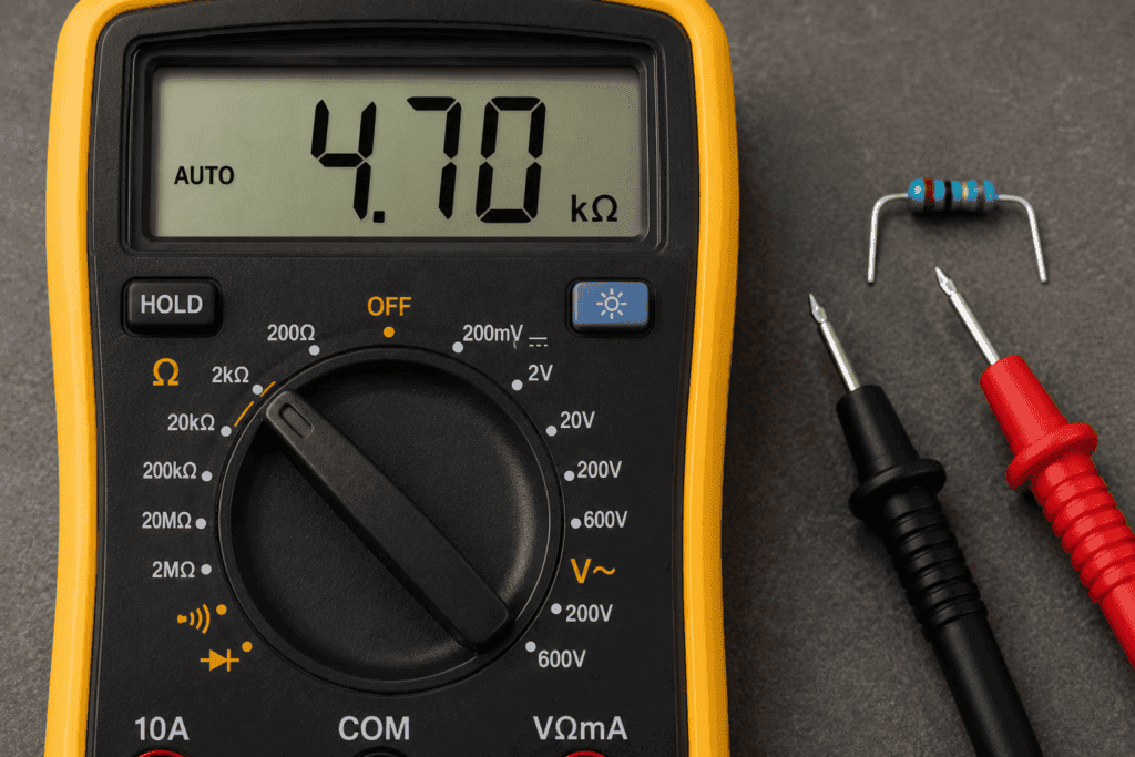 Close-up of a digital multimeter display showing a 4.7 kΩ resistance reading with the dial set to resistance (Ω) mode.