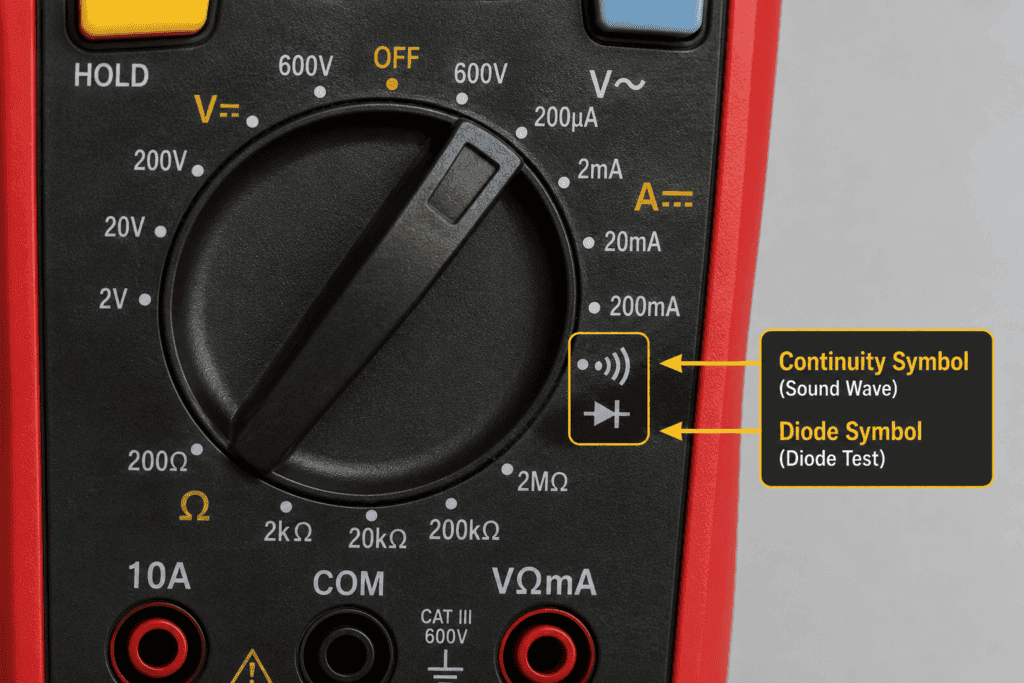 Close-up of a digital multimeter dial showing the continuity symbol (sound wave) and diode test symbol on the same dial position.