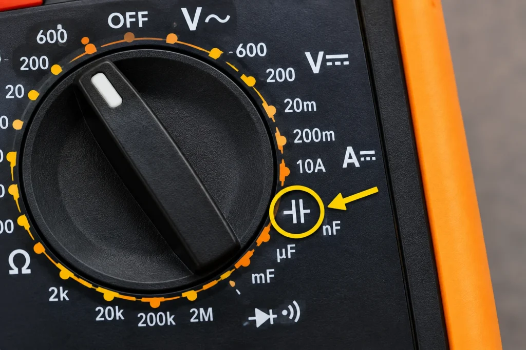 Close-up of multimeter dial showing the capacitance symbol for testing capacitors
