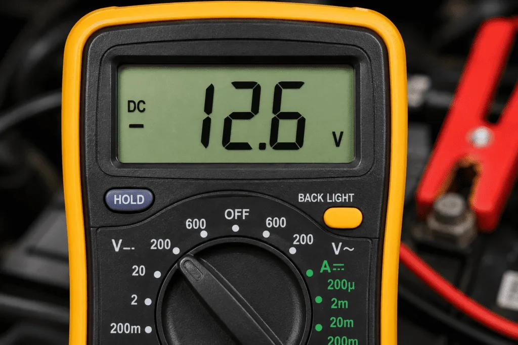Multimeter display showing a 12.6 volt DC reading during a voltage measurement.
