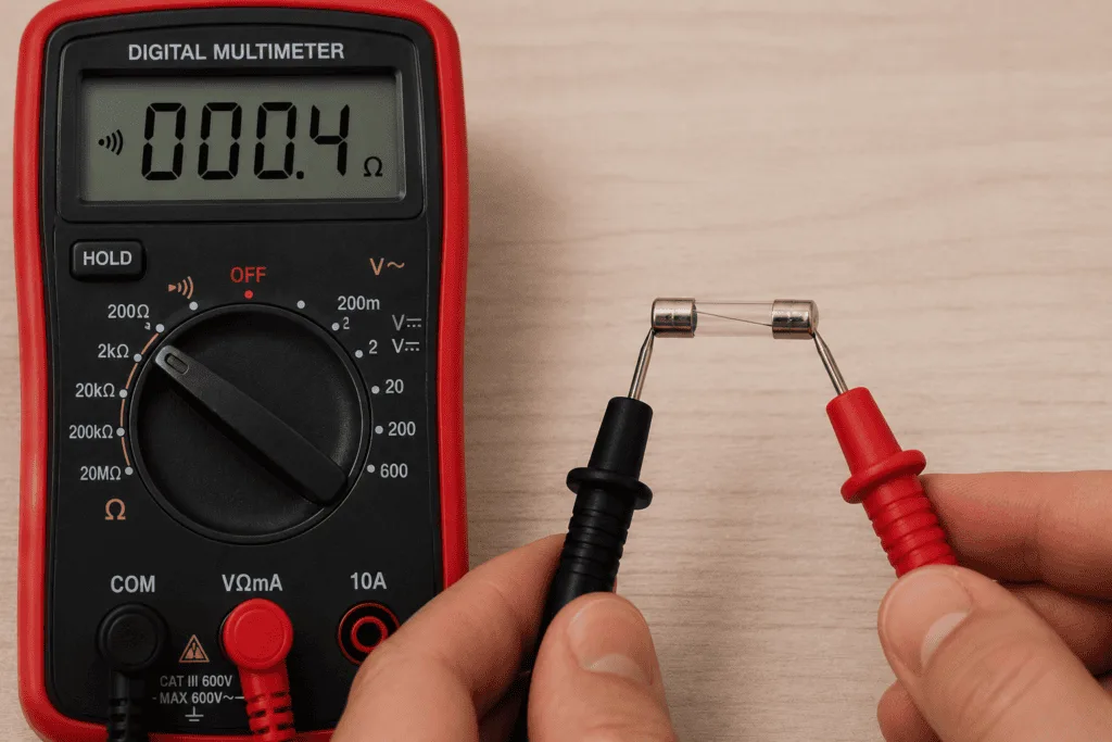 Digital multimeter probes touching each end of a glass cartridge fuse during a continuity test with the display showing a successful continuity reading.