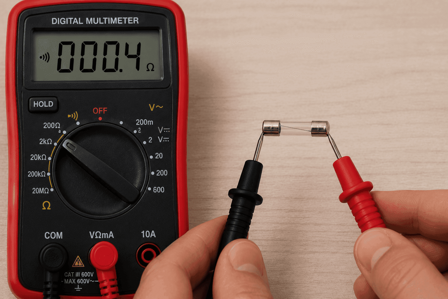 Digital multimeter probes touching each end of a glass cartridge fuse during a continuity test with the display showing a successful continuity reading.