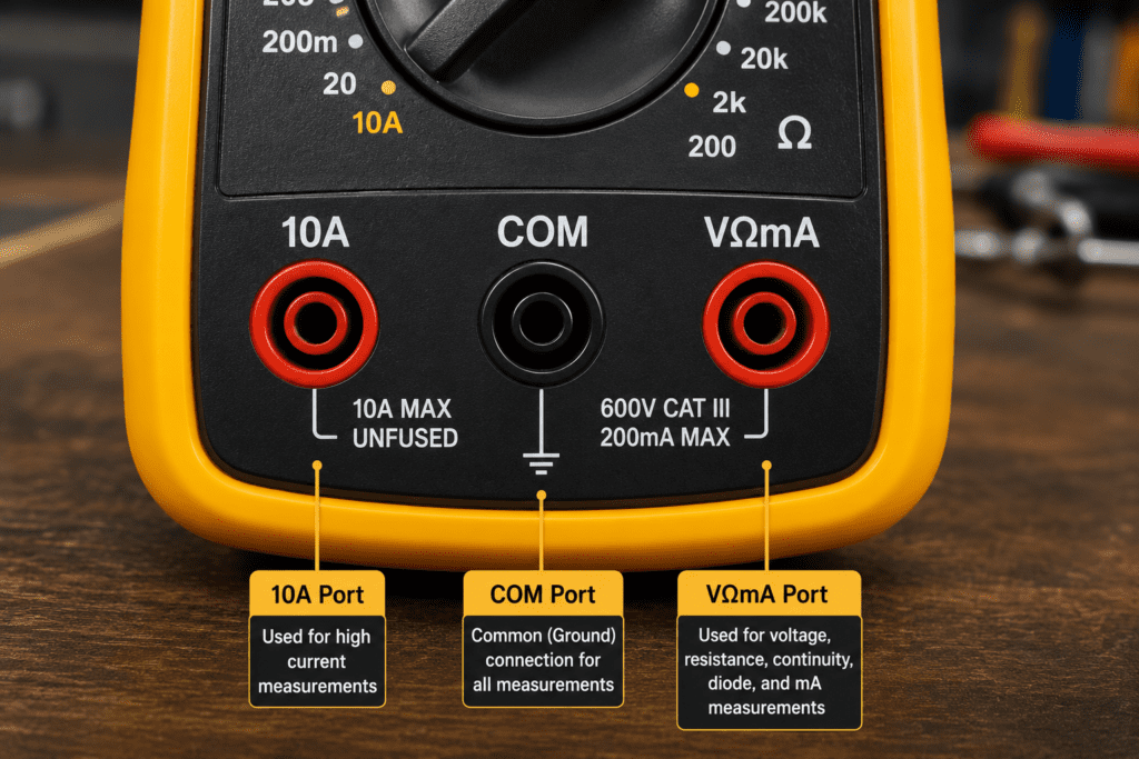 Close-up of multimeter ports showing COM, VΩmA, and 10A input jacks for different electrical measurements.