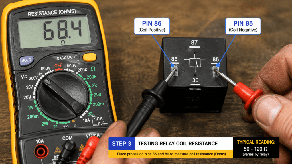 Multimeter probes testing relay coil resistance on pins 85 and 86 of a 12-volt automotive relay.