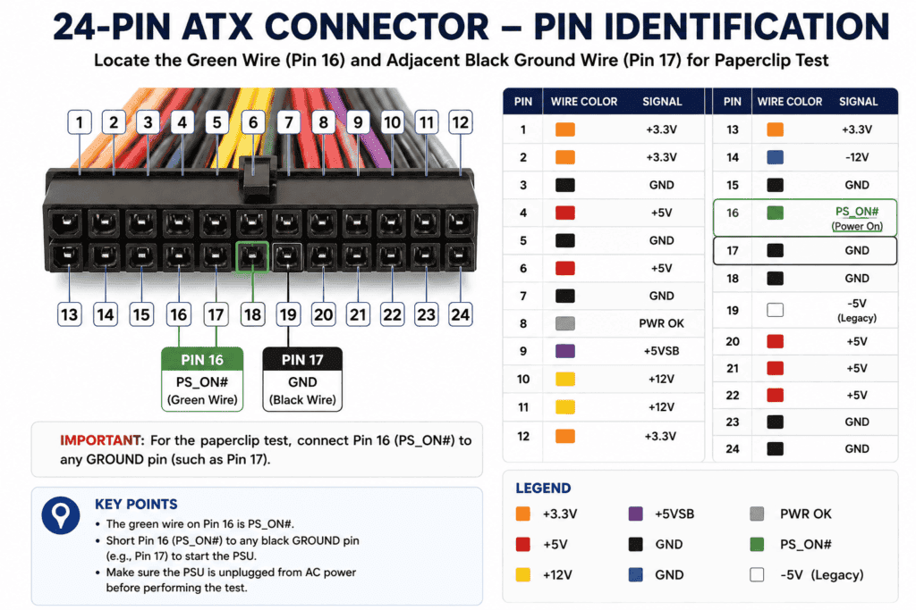24-pin ATX power supply connector diagram highlighting the green PS_ON wire on Pin 16 and the black ground wire on Pin 17 for the PSU paperclip test.
