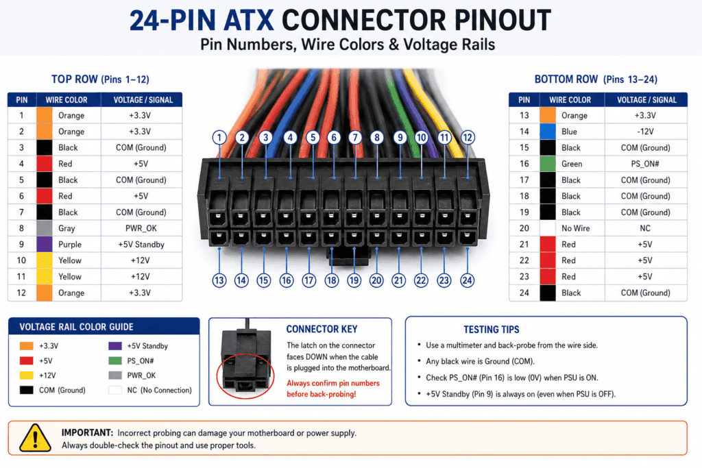 24-pin ATX connector pinout diagram showing pin numbers, wire colors, and voltage rails for motherboard power supply testing with a digital multimeter.
