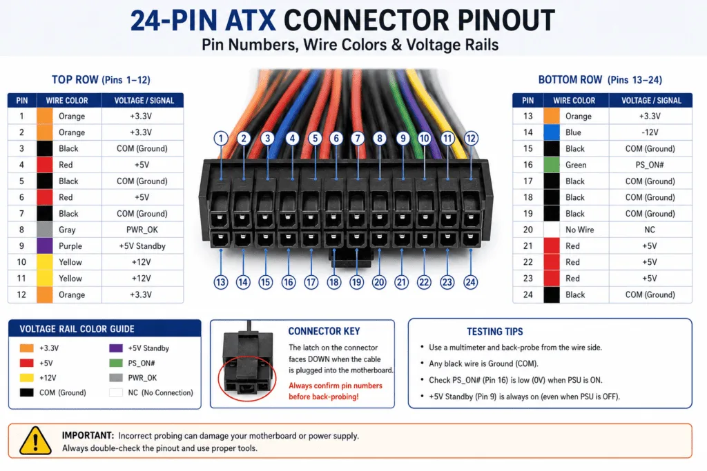 24-pin ATX connector pinout diagram showing pin numbers, wire colors, and voltage rails for motherboard power supply testing with a digital multimeter.