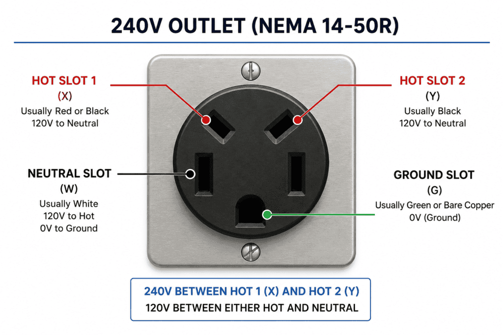 Labeled diagram of a 240V electrical outlet showing Hot Slot 1, Hot Slot 2, Neutral Slot, and Ground Slot for safe multimeter testing and wiring identification.