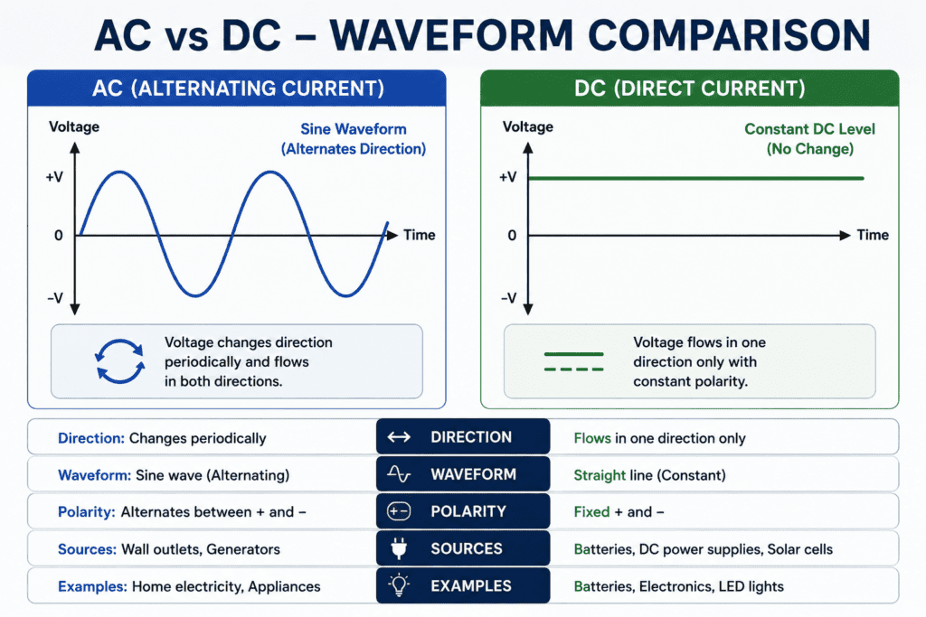 AC vs DC waveform comparison infographic showing an alternating current sine wave and a direct current flat line with key differences.