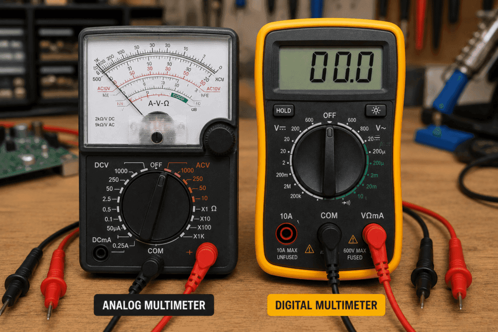 Side-by-side comparison of an analog multimeter with a needle display and a digital multimeter with an LCD screen on a workbench.