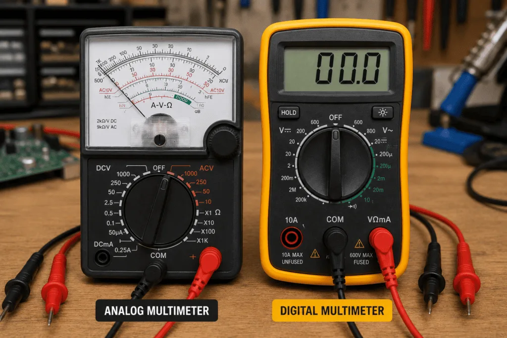 Side-by-side comparison of an analog multimeter with a needle display and a digital multimeter with an LCD screen on a workbench.