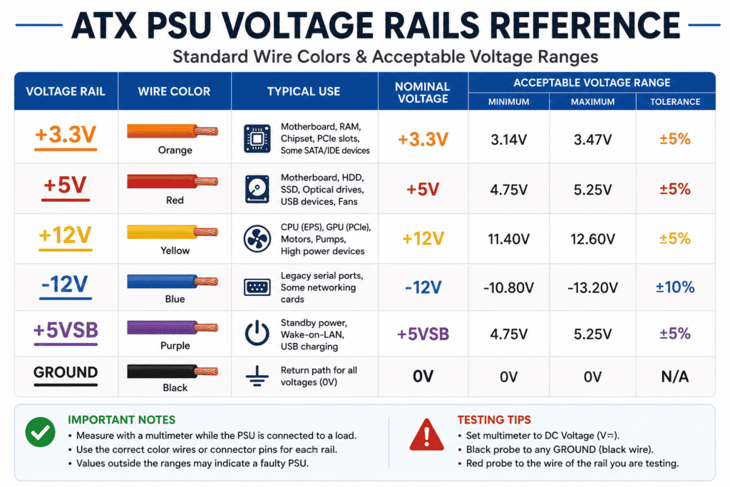 ATX PSU voltage rail chart showing 3.3V, 5V, 12V, -12V, 5VSB, and ground wire colors with acceptable voltage ranges for power supply testing.