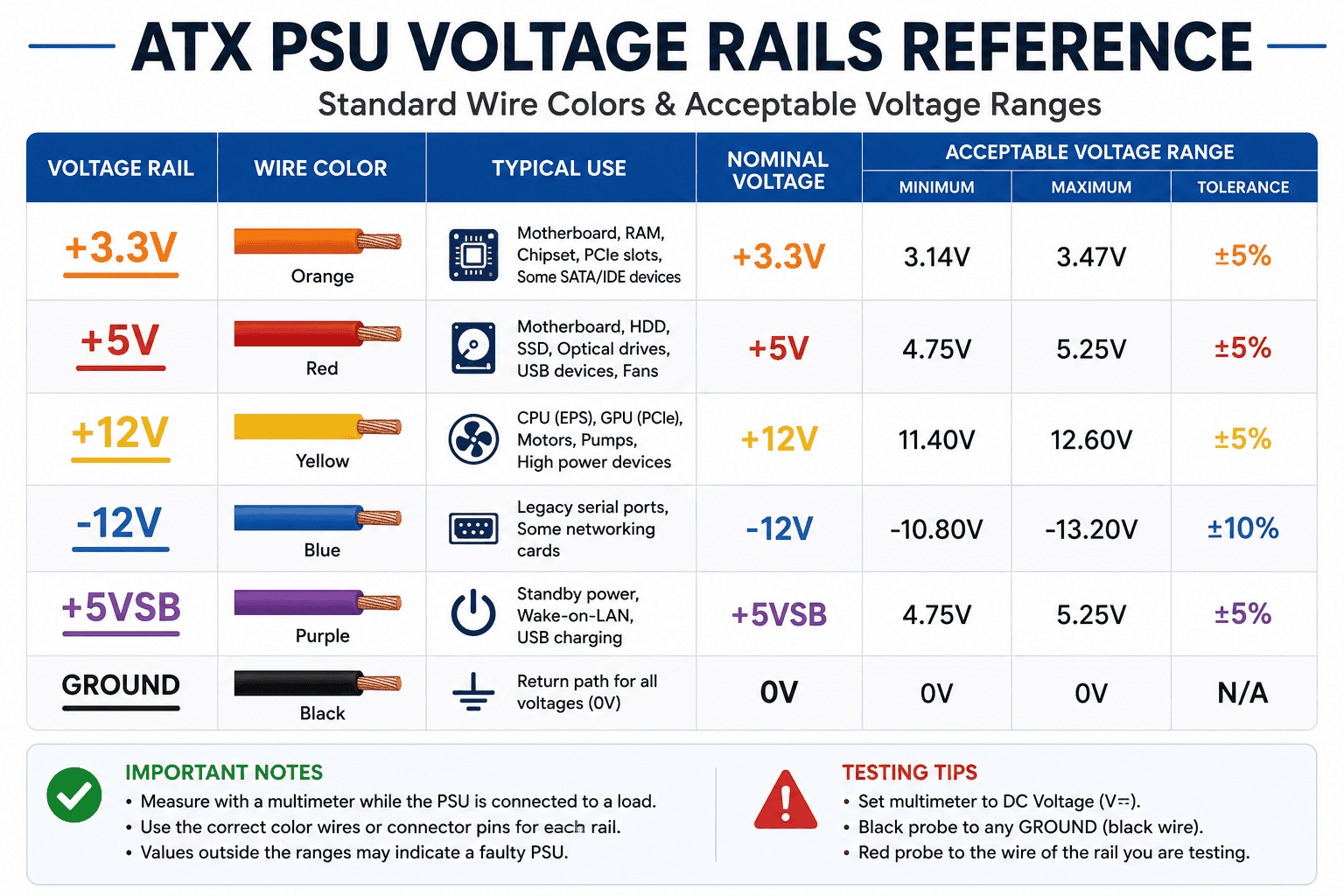 ATX PSU voltage rail chart showing 3.3V, 5V, 12V, -12V, 5VSB, and ground wire colors with acceptable voltage ranges for power supply testing.