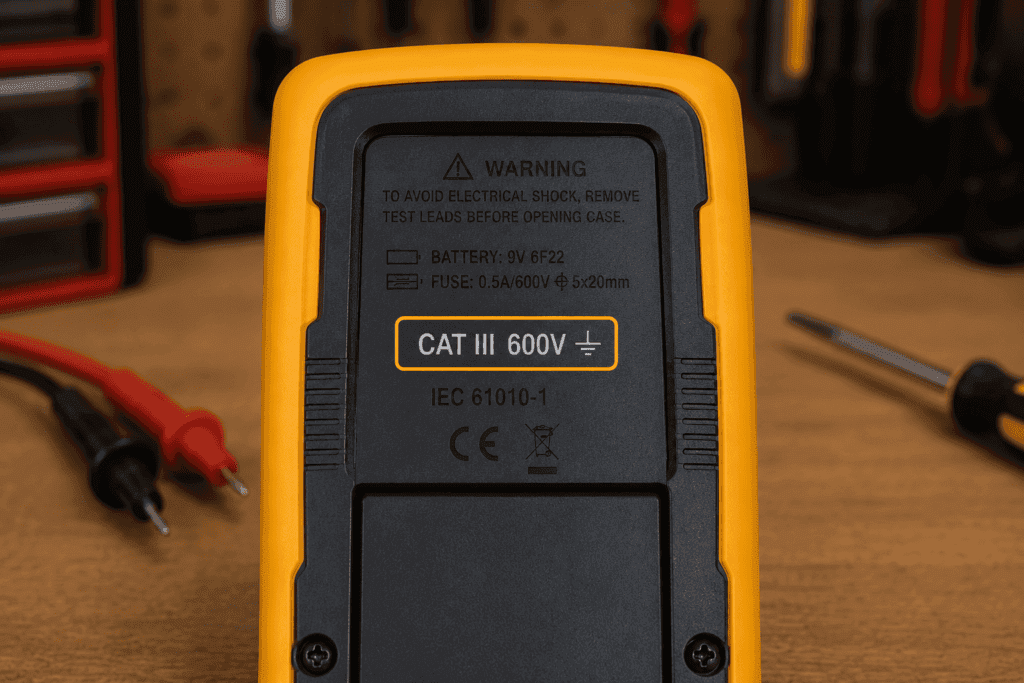 Close-up of the CAT III safety rating label on the back of a digital multimeter showing its electrical safety category.