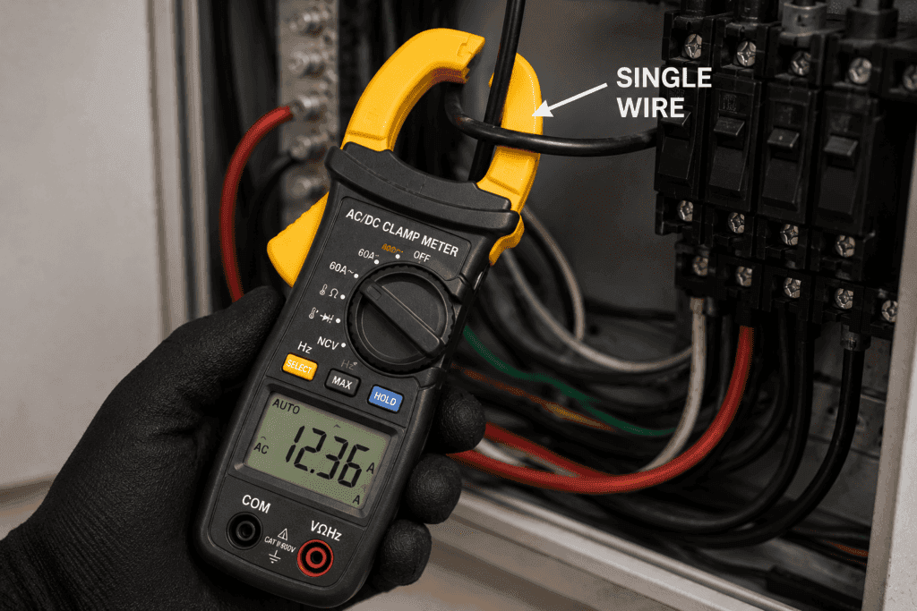 Clamp meter clamped around a single electrical wire to measure current without breaking or disconnecting the circuit.