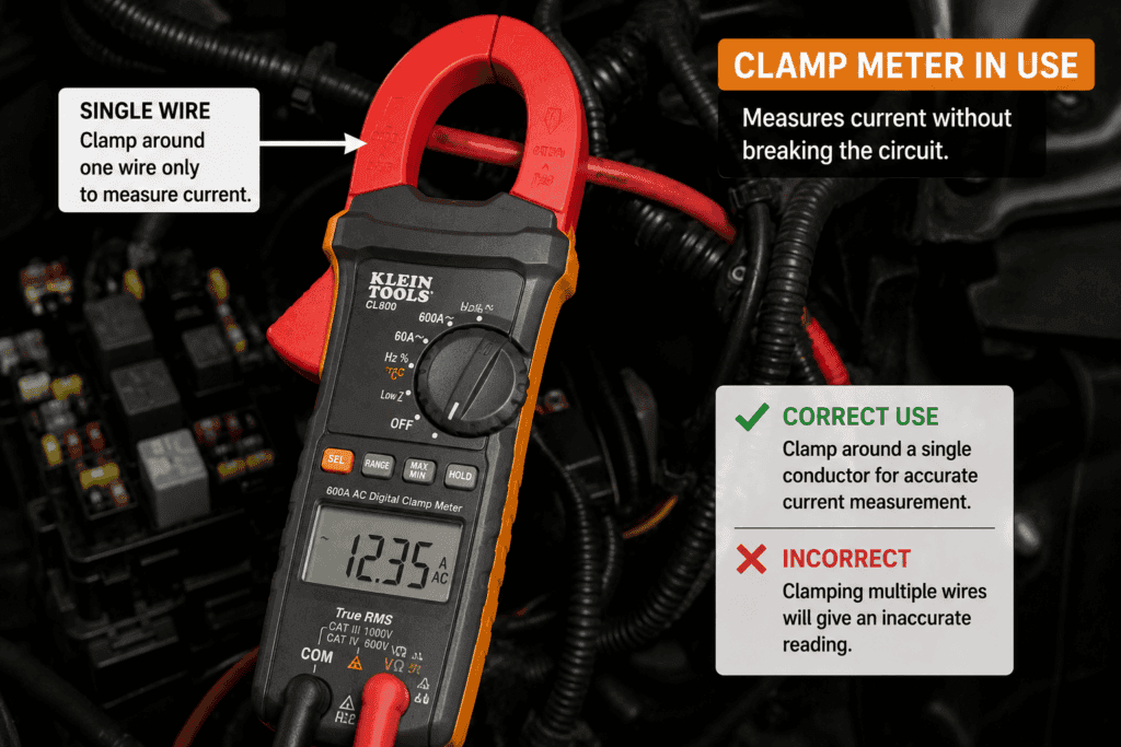 Clamp meter clamped around a single electrical wire to measure current without disconnecting or breaking the circuit.