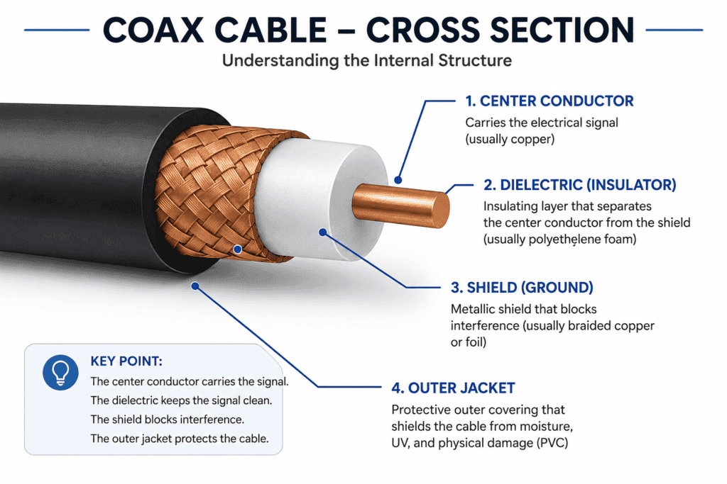 Labeled cross-section diagram of a coaxial cable showing the center conductor, dielectric insulator, braided shield, and outer jacket.