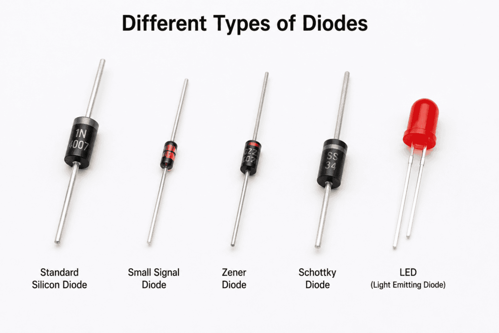 Different types of diodes including a standard silicon diode, small signal diode, Zener diode, Schottky diode, and LED used in electronic circuits.