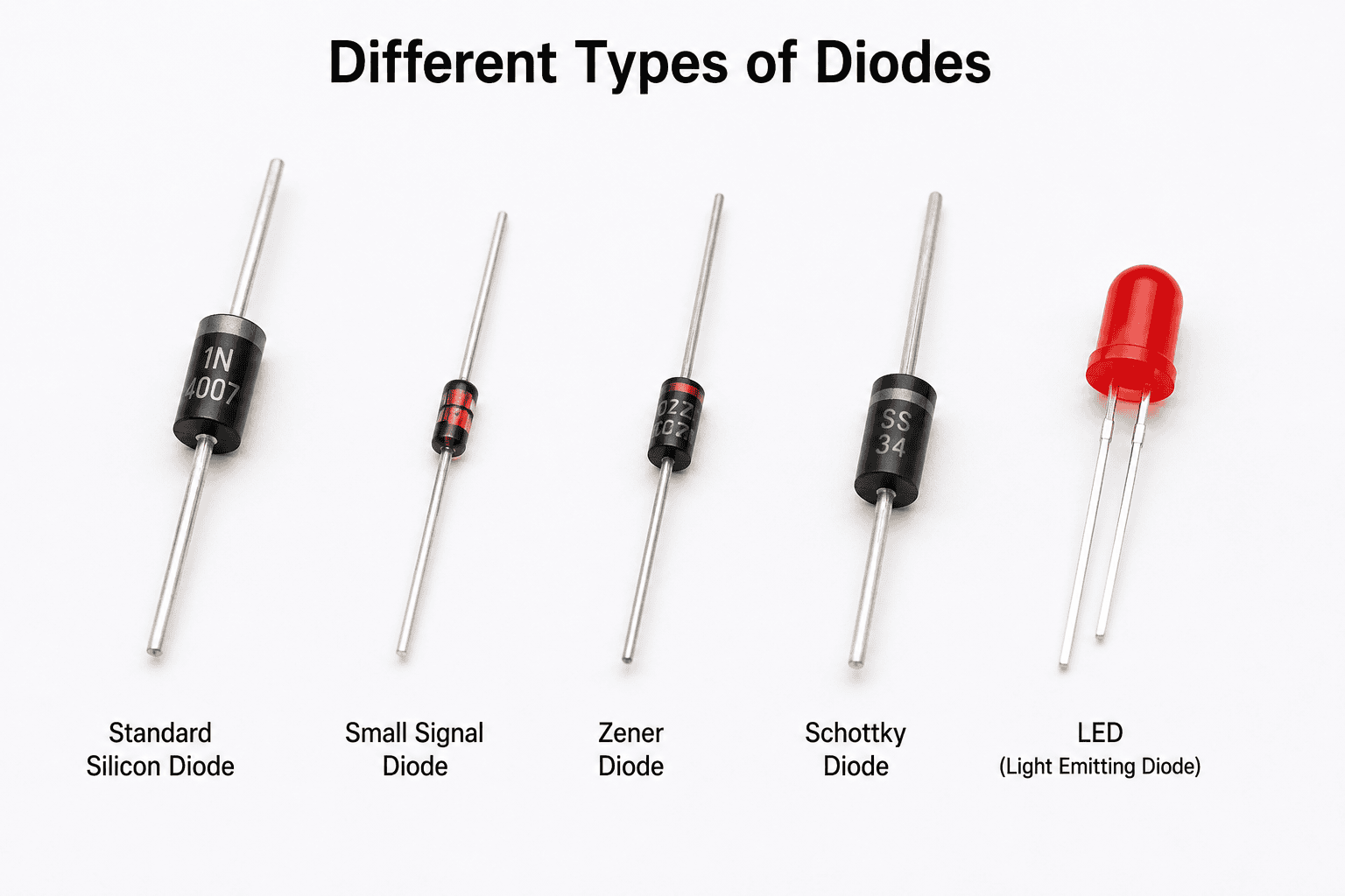 Different types of diodes including a standard silicon diode, small signal diode, Zener diode, Schottky diode, and LED used in electronic circuits.