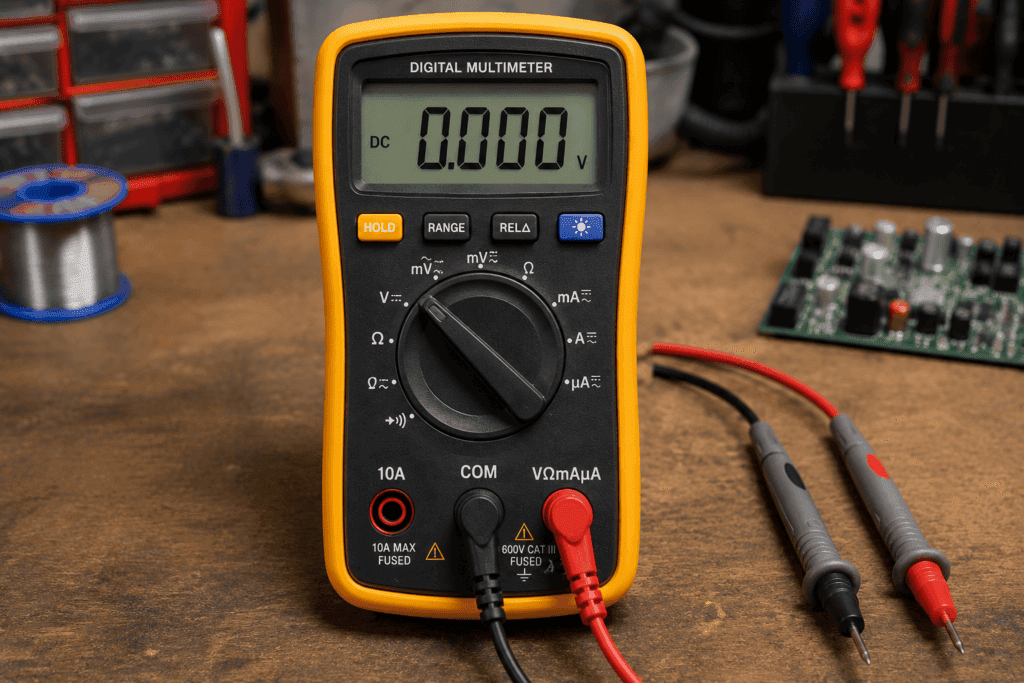 Digital multimeter with test probes on a workbench used for measuring voltage, current, and resistance in electrical circuits.