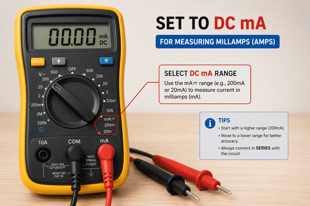 Digital multimeter dial set to the DC mA range with red and black test probes connected for measuring low DC current in milliamps.