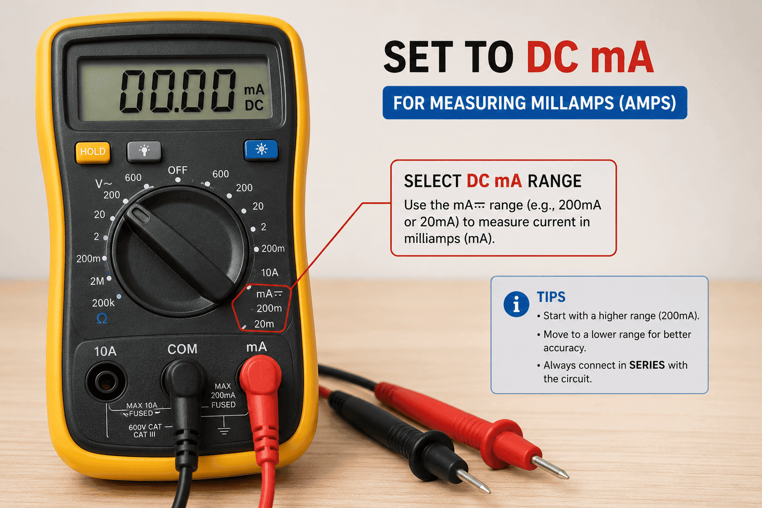 Digital multimeter dial set to the DC mA range with red and black test probes connected for measuring low DC current in milliamps.