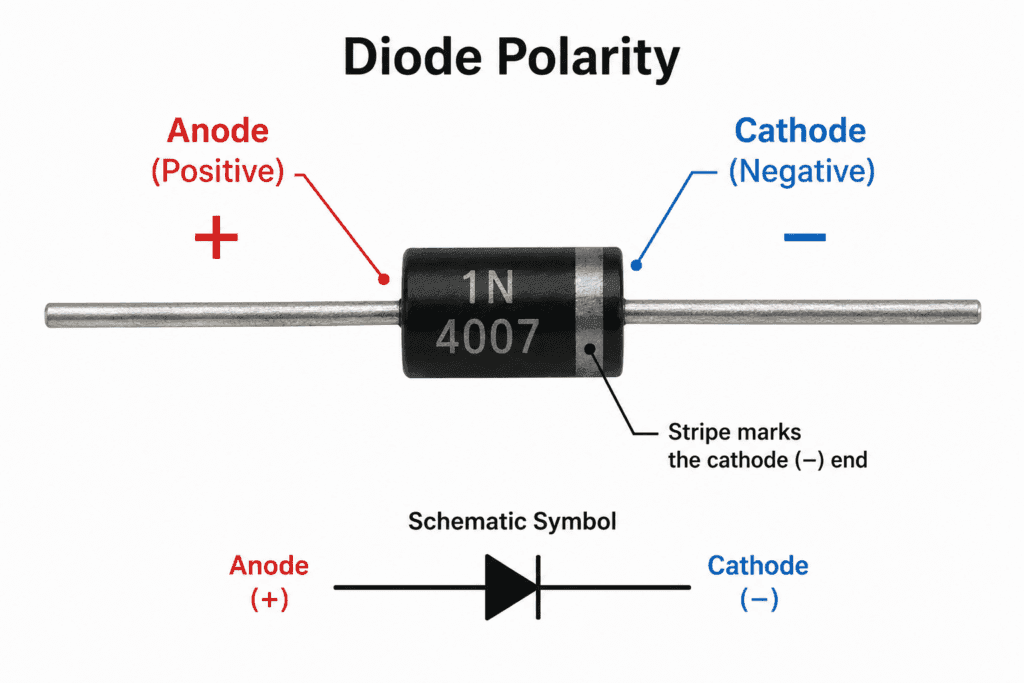 Labeled diagram of a diode showing the anode (positive) end, cathode (negative) end, and the stripe marking the cathode for proper diode testing.